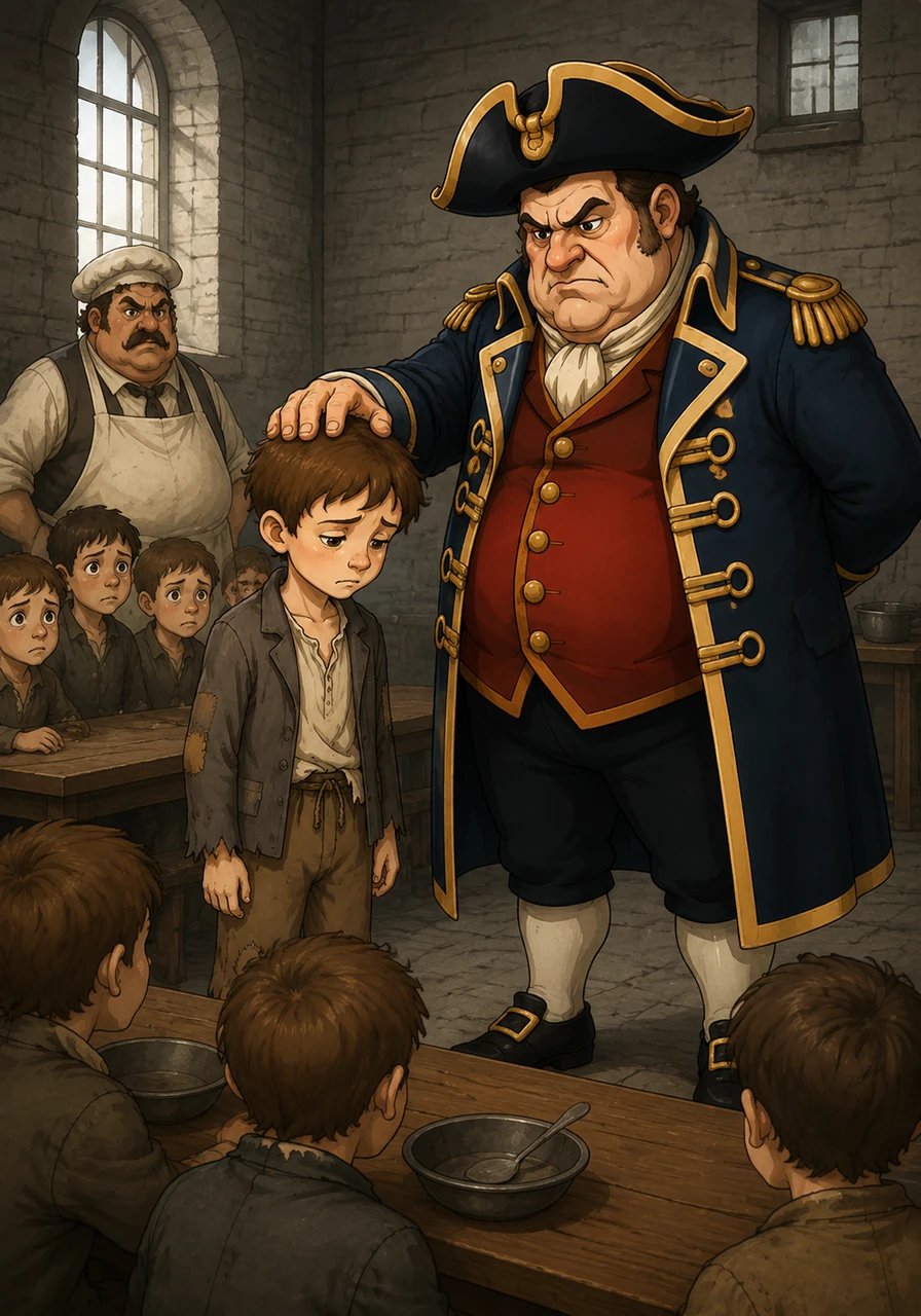 The stern parish beadle, Mr. Bumble, bestows the name Oliver Twist upon the motherless child according to his own mechanical alphabetical system. Oliver grows up inside the cold stone walls of the institution, managed by heartless authorities who treat the poor children as burdens. Under the watchful, arrogant eyes of Mr. Bumble, gentle words and warm smiles are completely unknown to the young boys.