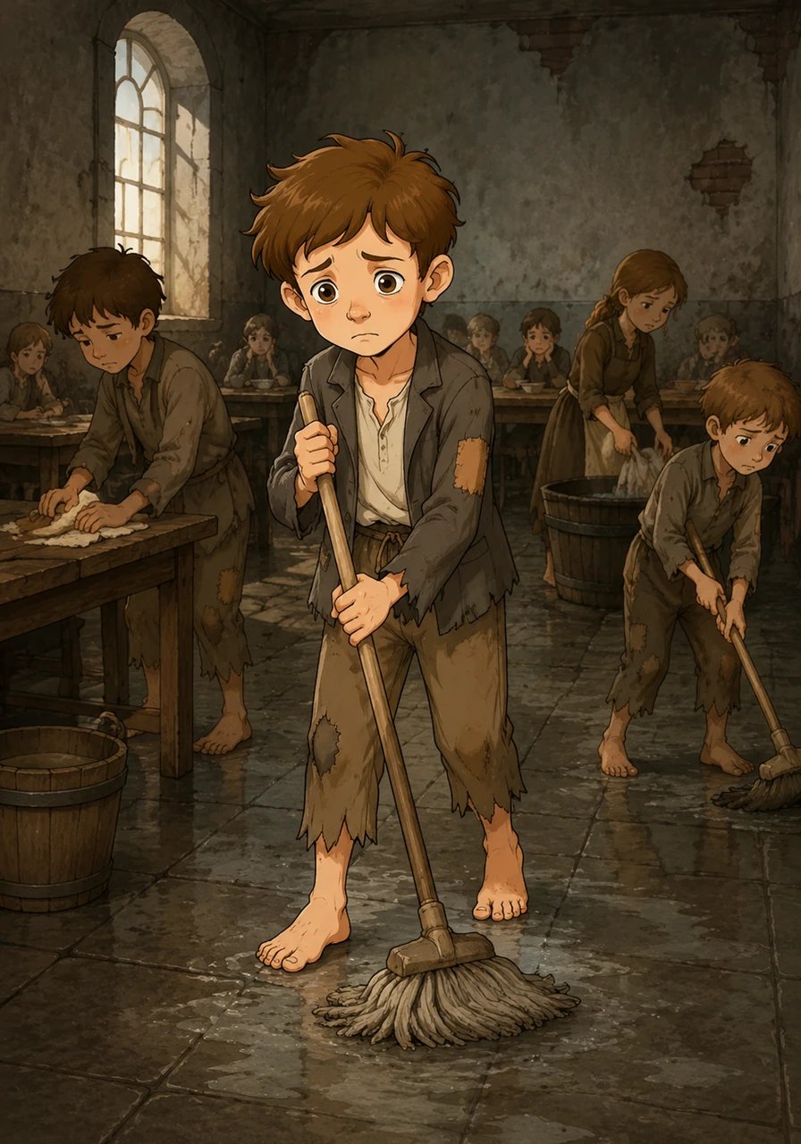 By his ninth birthday, Oliver has become a pale, thin child with sad, expressive eyes and a fragile frame. Dressed in oversized, faded rags, he spends his days performing tedious chores alongside his fellow orphans in misery. The children share no toys or comforts, bonding only through their shared suffering and quiet longing for a gentle touch.