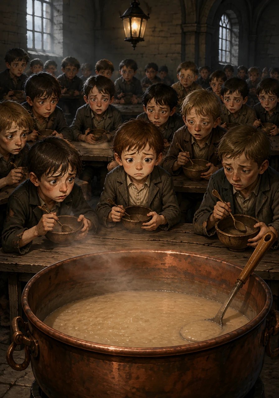 Inside the vast, chilly dining hall, the starving boys assemble each day for supper with hollow cheeks and ravenous appetites. Each child receives only a single tiny wooden bowl containing a scant serving of watery, tasteless gruel. The boys polish their bowls with their spoons until they shine, staring hungrily at the massive copper cauldron with desperate eyes.