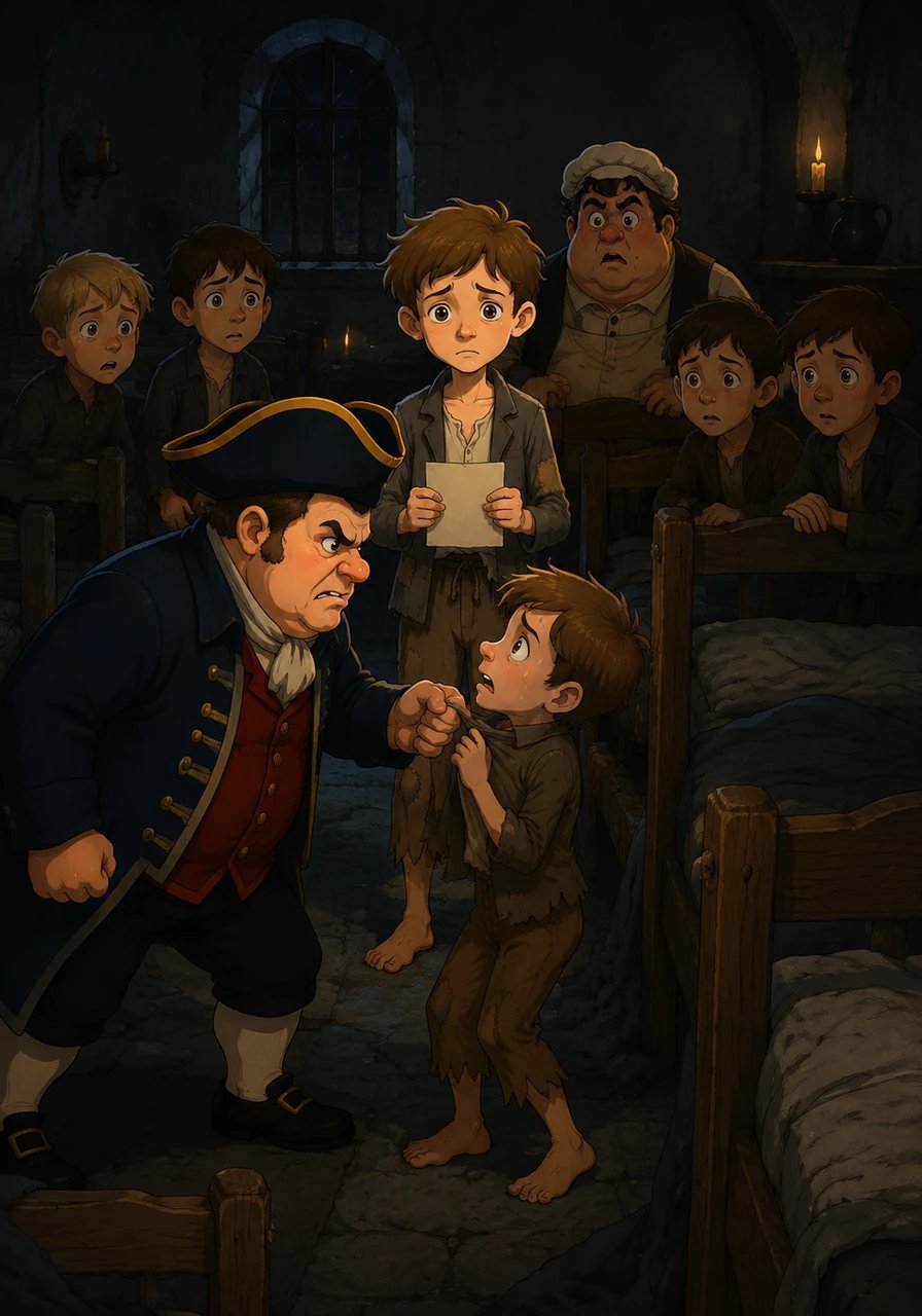 One evening, driven mad by gnawing hunger, one of the taller boys threatens to eat the smaller boy beside him unless he gets extra food. Terrified and desperate, the boys hold a hushed council in the dark dormitory to decide who will step forward. After drawing lots on a scrap of paper, the fateful task falls upon Oliver Twist to confront the master.