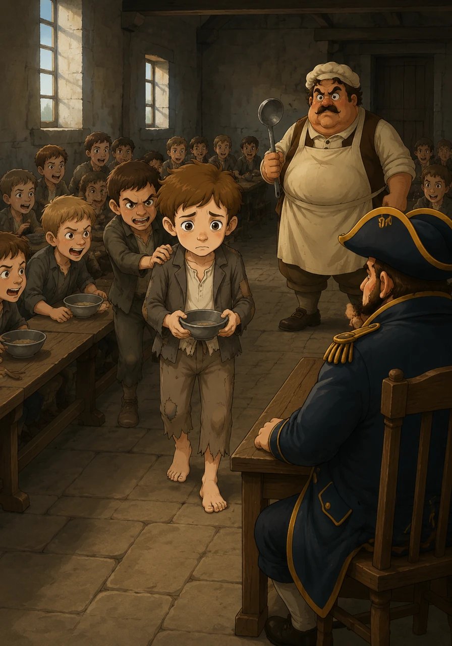 When supper ends and the last drop of gruel vanishes, the eager boys nudge and force Oliver toward the front of the hall. Trembling from head to toe, the small boy rises from the long wooden table with his empty bowl held tightly in his hands. Every eye in the silent, dim room focuses on Oliver as he slowly takes his terrifying steps toward the master's station.
