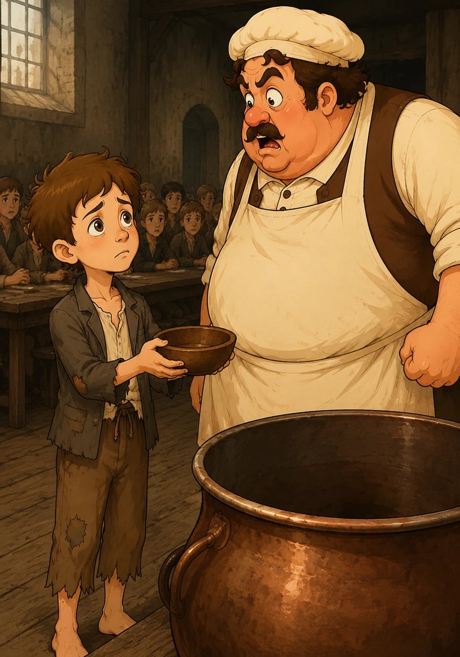 Oliver approaches the large, well-fed master standing beside the empty copper pot and looks up with frightened eyes. Holding out his small wooden bowl, his quiet voice quavers through the heavy silence of the hall. "Please, sir, I want some more," he asks softly, daring to request what no orphan had ever dared before.
