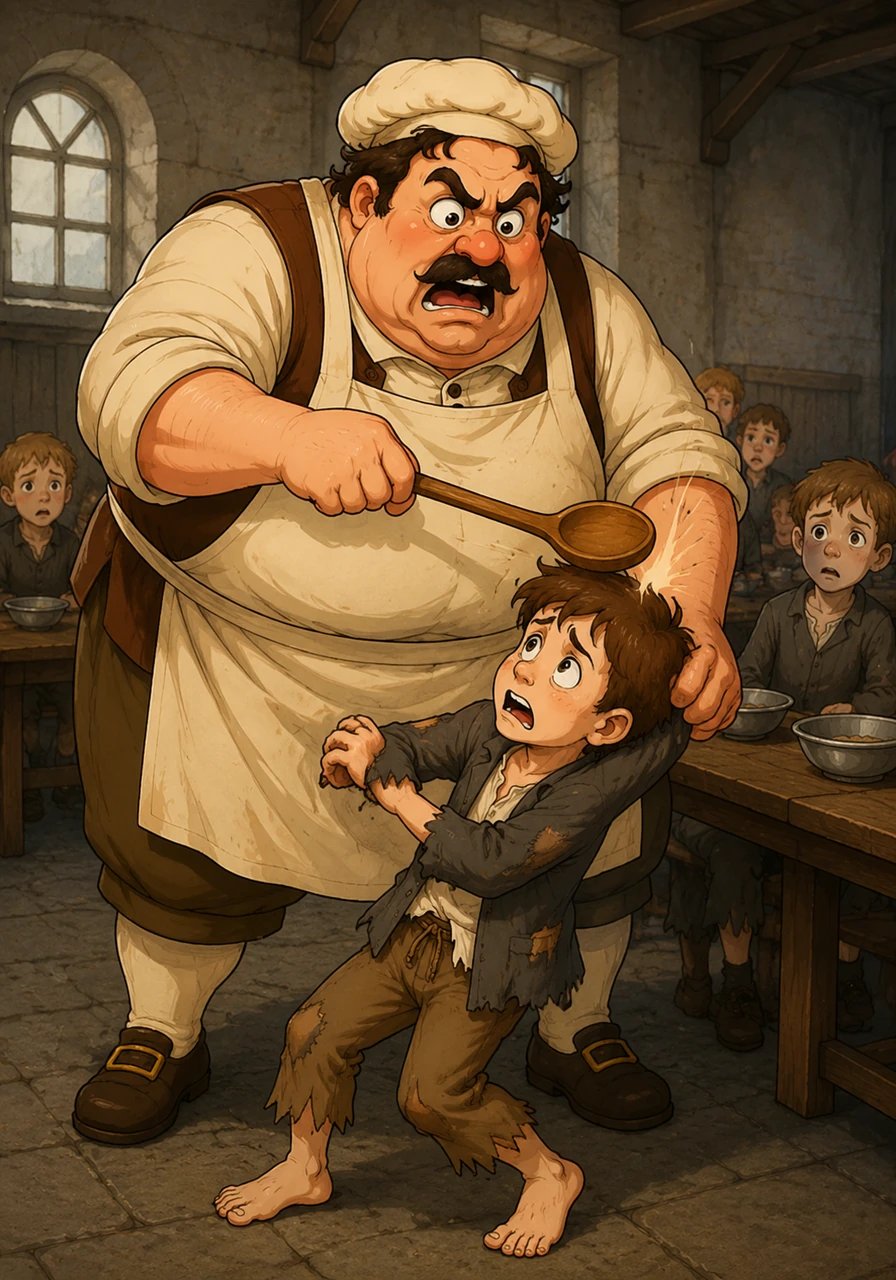 The master turns pale with absolute astonishment, clutching his serving ladle in mid-air as if struck by lightning. Staring down at the tiny boy in complete disbelief, he strikes Oliver sharply across the head with his wooden spoon. He seizes the terrified child by the arms and bellows loudly for the parish authorities to witness this unbelievable act of defiance.