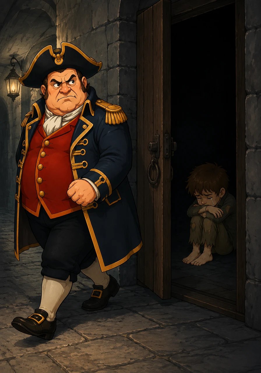 Mr. Bumble rushes into the hall in a fit of outrage, declaring that Oliver's request is an unforgivable crime against the institution. Convinced that the ungrateful boy is destined for a dark future, he drags Oliver down a cold corridor and locks him in a dark, windowless room. Left alone in the pitch black, Oliver huddles on the cold floor, weeping quietly into the night.