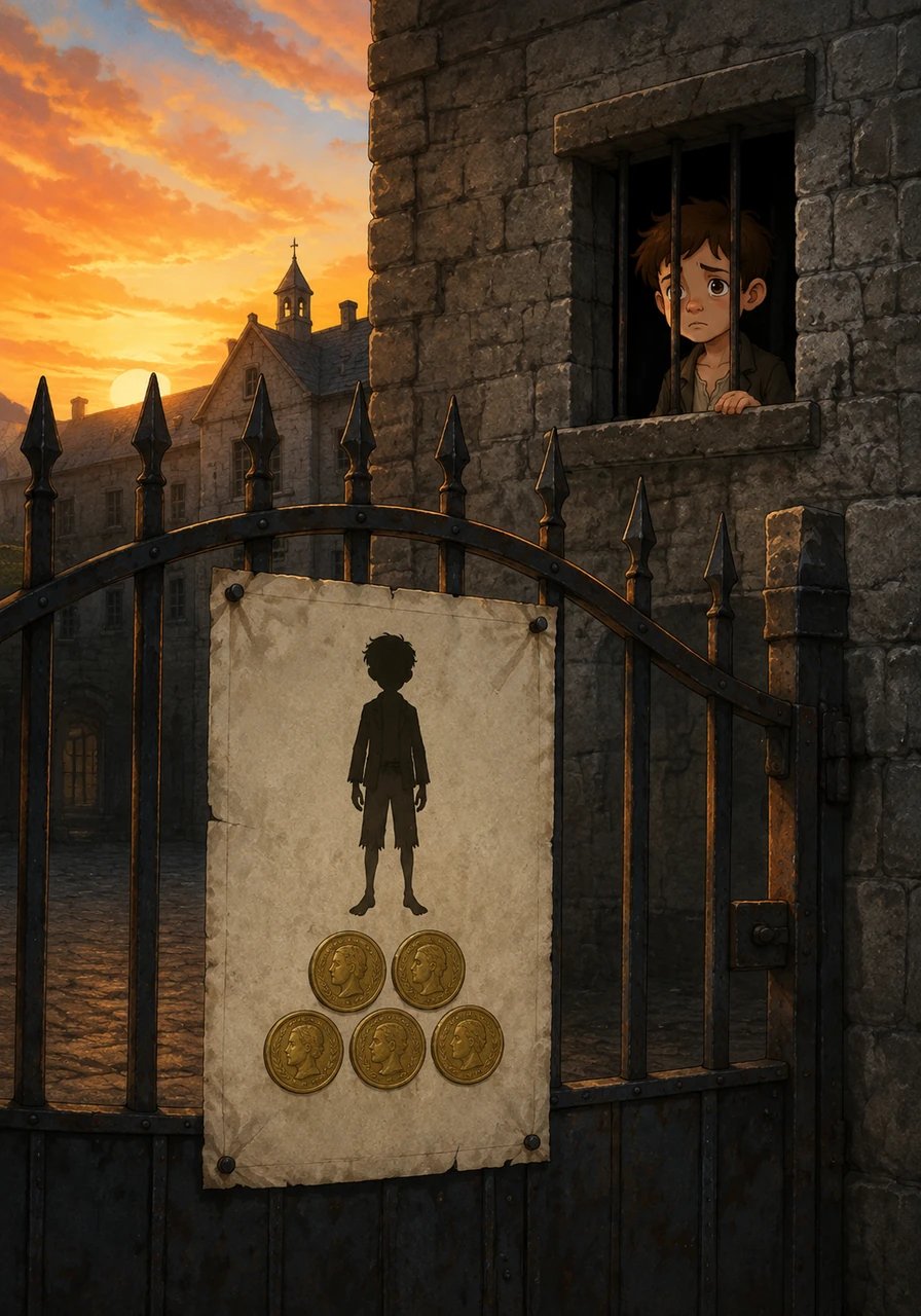 The following morning, a large white poster is nailed to the heavy iron gate outside the parish workhouse for all passersby to read. It offers a reward of five pounds to any man or woman willing to take young Oliver Twist off their hands. As the sunrise colors the cold sky, Oliver peers through his small barred window, wondering what unpredictable fate awaits him next.