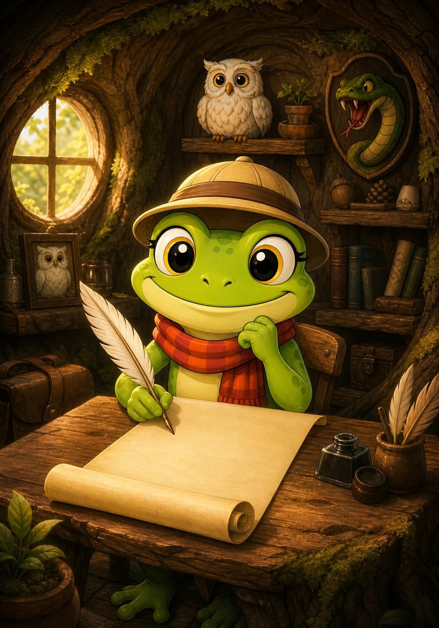 Coco, une petite grenouille vert vif aux grands yeux curieux, est confortablement installée dans son bureau aménagé à l'intérieur d'une vieille souche d'arbre moussue. Elle tient une plume d'oie et s'apprête à écrire le premier mot de son grand livre d'aventures sur un long parchemin déroulé.