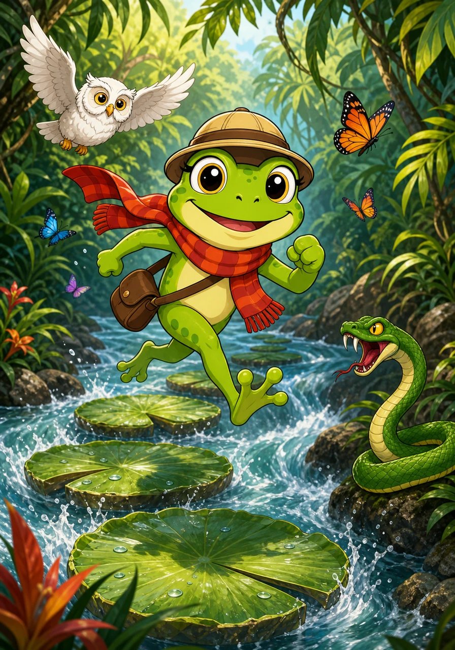 Pour se donner de l'inspiration, Coco ferme les yeux et se remémore son incroyable voyage dans la jungle luxuriante. Elle revoit le moment où elle a courageusement traversé une rivière agitée en sautant habilement de nénuphar en nénuphar sous le regard de papillons exotiques.