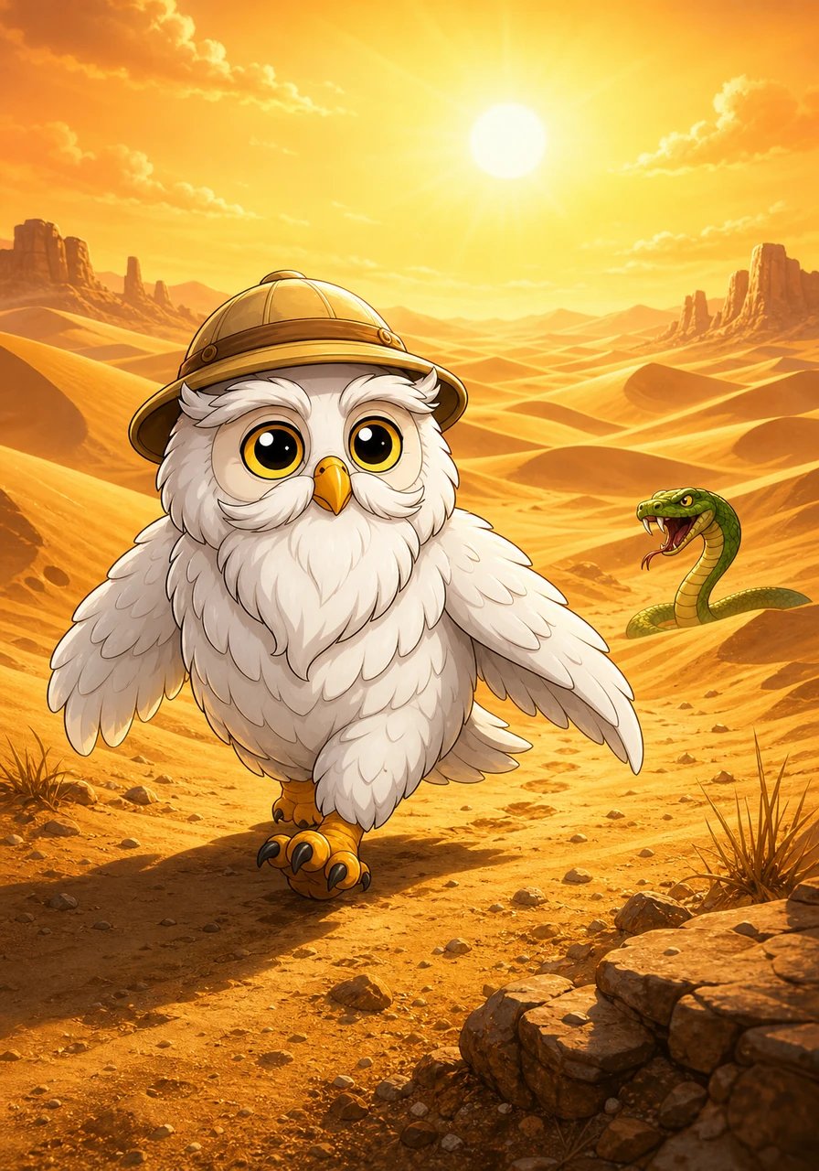La plume court sur le papier alors que Coco raconte sa traversée périlleuse du Grand Désert de Sable. Le dessin l'illustre portant un petit chapeau d'explorateur, marchant vaillamment sous un soleil de plomb, sa silhouette se découpant contre d'immenses dunes dorées.