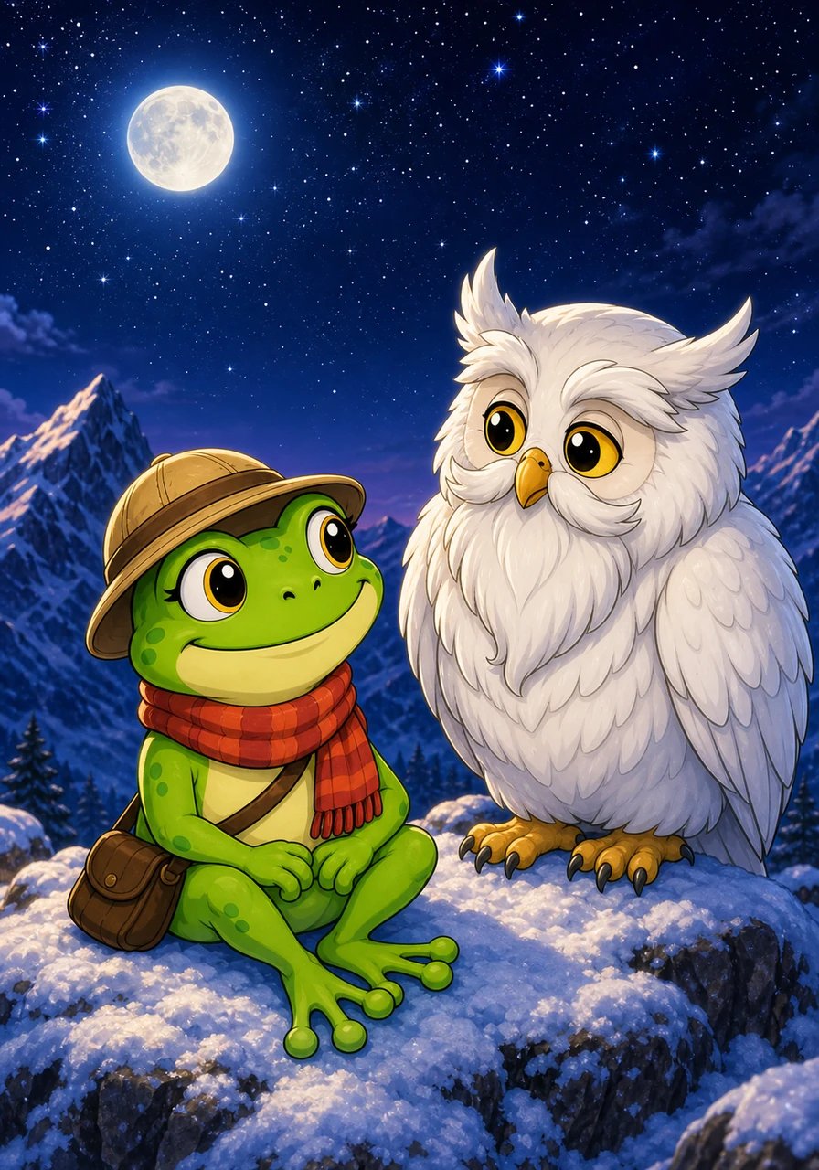 Souriant à ses souvenirs, Coco décrit ensuite sa rencontre inattendue avec un vieil hibou sage au sommet d'une montagne enneigée. L'image montre la petite grenouille emmitouflée dans une écharpe de laine, écoutant attentivement les conseils du grand oiseau blanc sous un ciel étoilé.