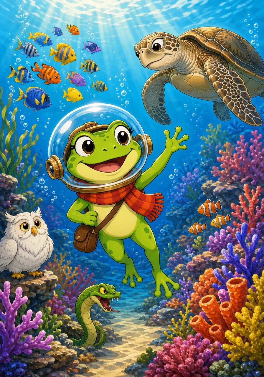 L'aventure suivante transporte le lecteur au fond des océans, où Coco, équipée d'un casque de plongée artisanal en forme de bulle, explore un récif corallien coloré. Elle salue joyeusement un banc de poissons tropicaux chatoyants et une tortue marine centenaire.