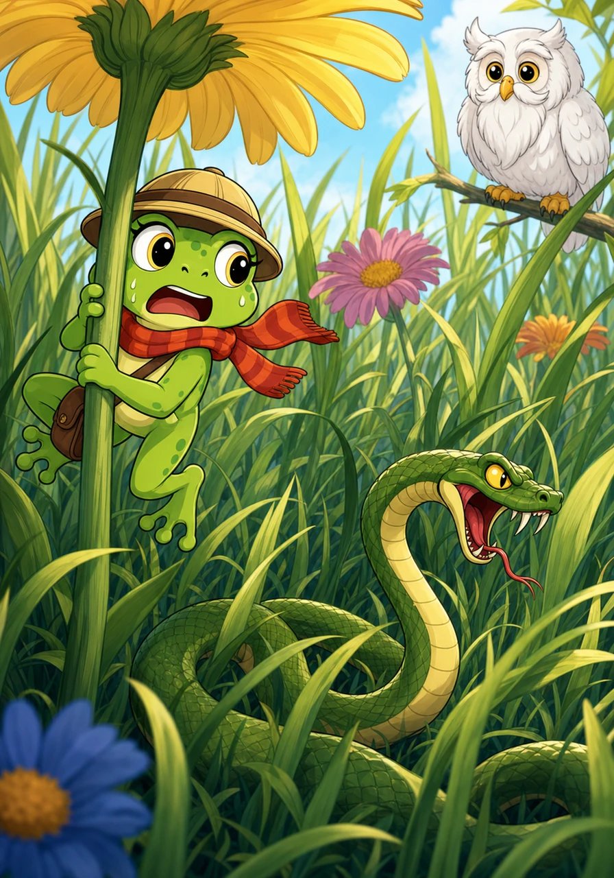Même les moments effrayants deviennent de bons souvenirs, comme la fois où Coco a dû échapper à un serpent affamé dans les hautes herbes. La scène dépeint Coco sautant agilement pour se cacher derrière une grosse tige de fleur, le cœur battant, tandis que le serpent cherche ailleurs.
