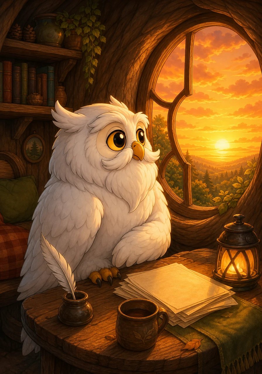 Après avoir écrit pendant des heures, Coco s'accorde une pause et contemple le coucher de soleil depuis la fenêtre de sa souche. Elle réalise à quel point sa vie a été riche et a hâte de partager ses histoires avec le monde entier.