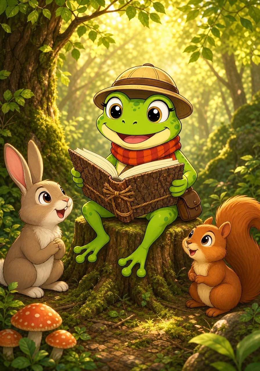 Enfin, le livre est terminé et relié avec de la ficelle robuste et des écorces décorées. Coco présente fièrement son chef-d'œuvre à ses amis de la forêt, un lapin et un écureuil, qui l'écoutent, fascinés, lire le premier chapitre.