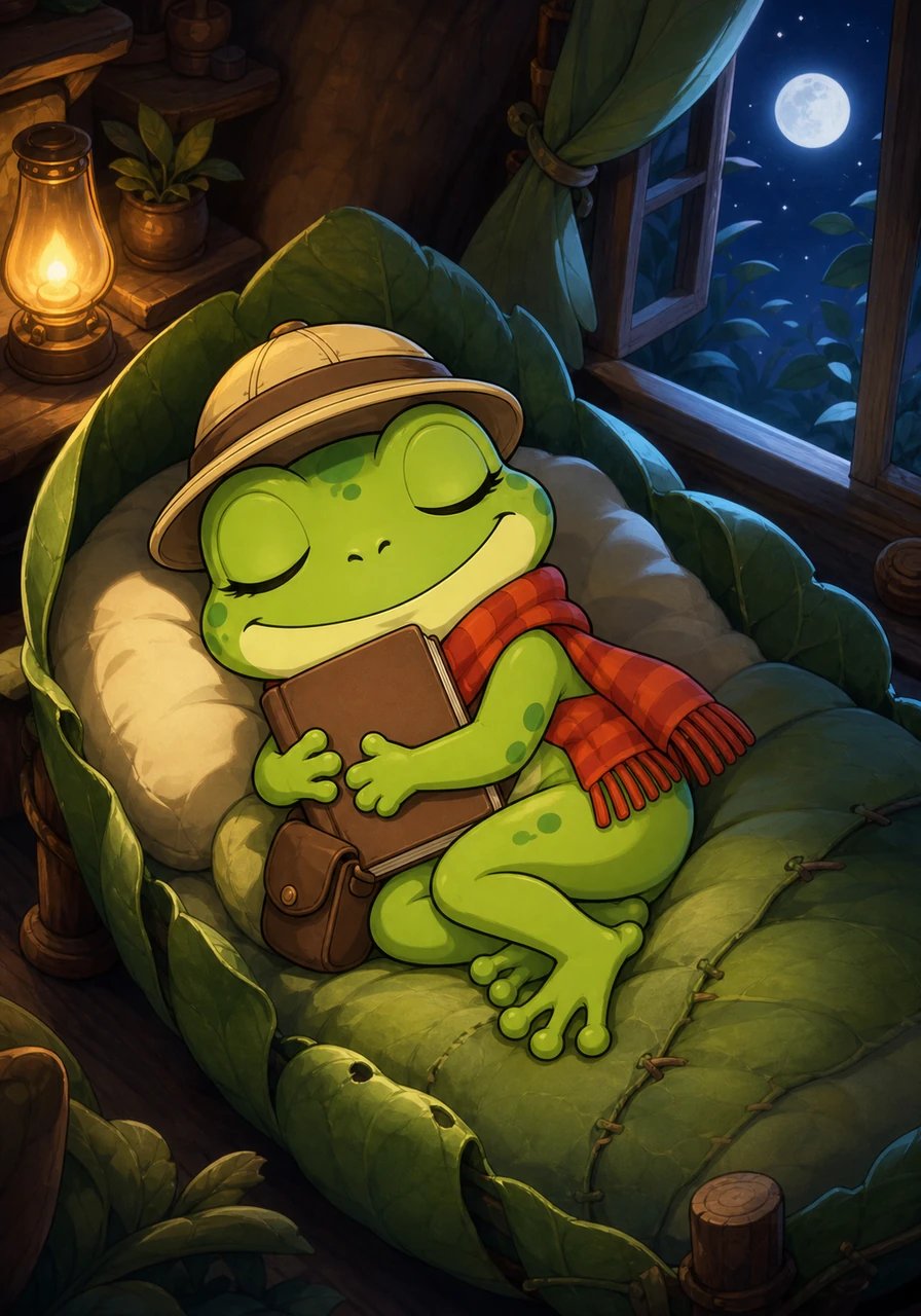 La nuit tombée, Coco est endormie dans son petit lit de feuilles, son livre précieux serré contre elle. Par la fenêtre, la lune éclaire doucement la couverture du livre où l'on devine le titre : 'Les Aventures de Coco'.