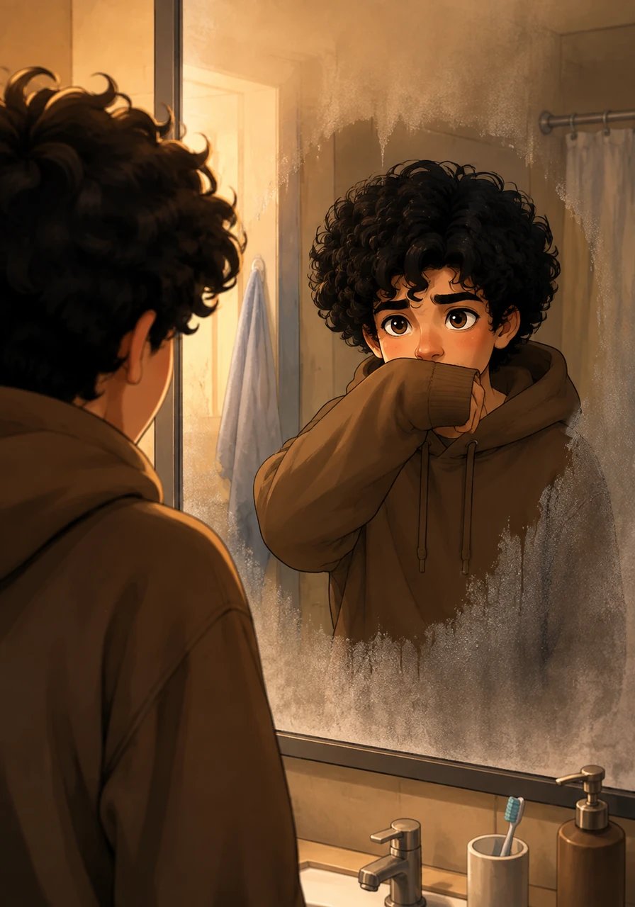 Leo stands before the fogged-up bathroom mirror in his oversized cozy brown hoodie, gently wiping away the steam with his sleeve. His dense, dark curls bounce as he studies his anxious expression on the morning of the high school talent showcase.