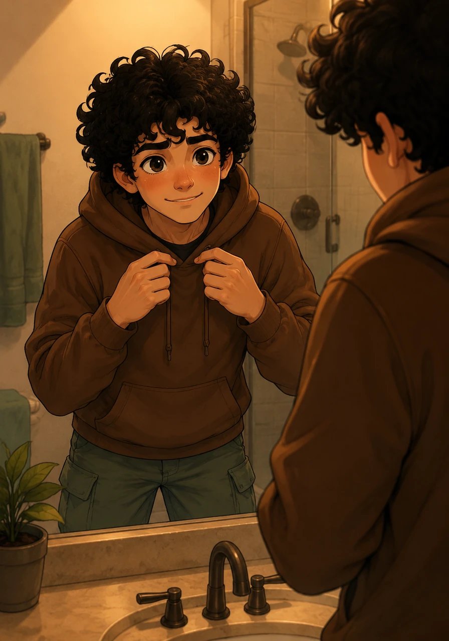 Adjusting the drawstrings of his hoodie, Leo leans closer to the glass and attempts a brave smile. In the warm bathroom light, his unruly black ringlets frame a face full of quiet determination and nervous energy.
