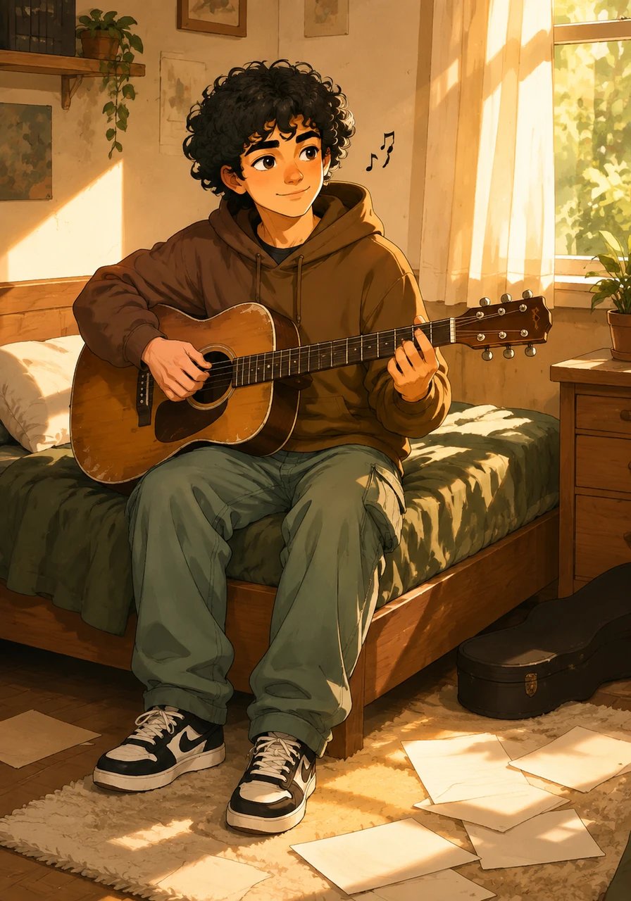 He steps into his sunlit bedroom and picks up his worn acoustic guitar resting beside a clutter of song sketches. Sitting on the edge of his bed, he hums a gentle melody while running his fingers softly across the strings.