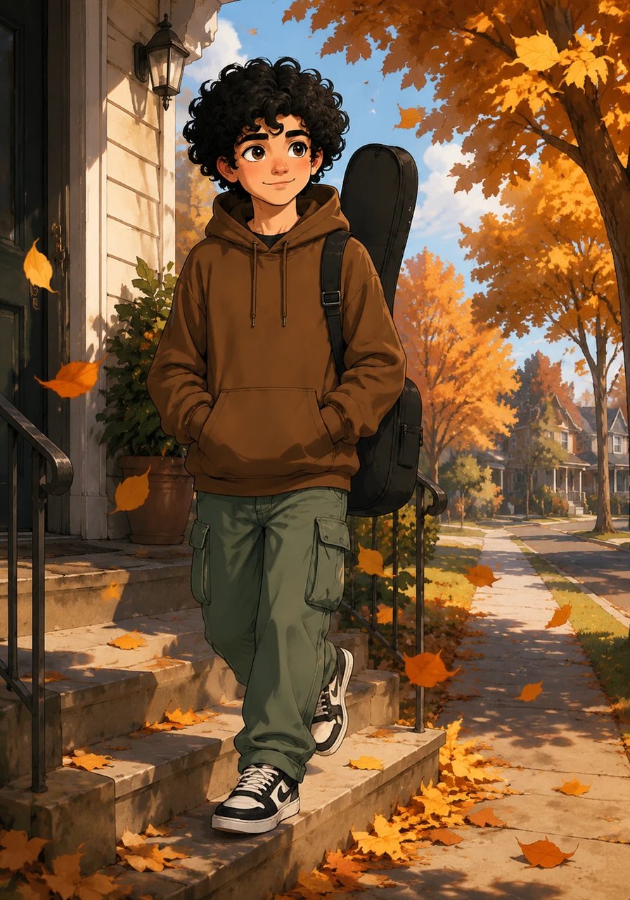 Downstairs, Leo steps out into the crisp autumn morning with his guitar case slung over his shoulder. Golden leaves swirl around him as he walks to school, his hands tucked deep into his hoodie pockets while mentally rehearsing his lyrics.