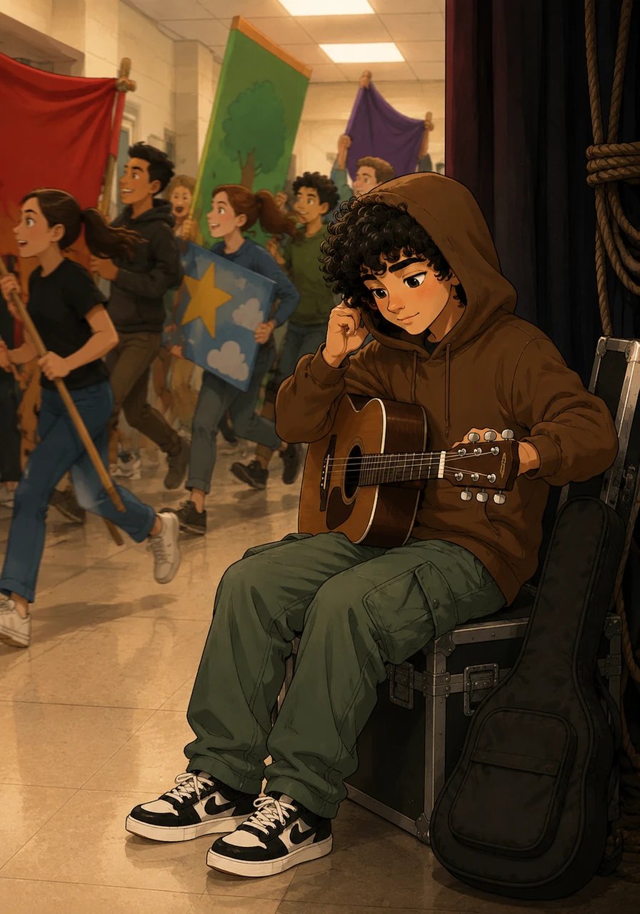 Inside the buzzing school hallway, classmates rush past with colorful banners and stage props. Leo pulls his hood up slightly to quiet the surrounding noise, finding a peaceful corner backstage to tune his instrument.