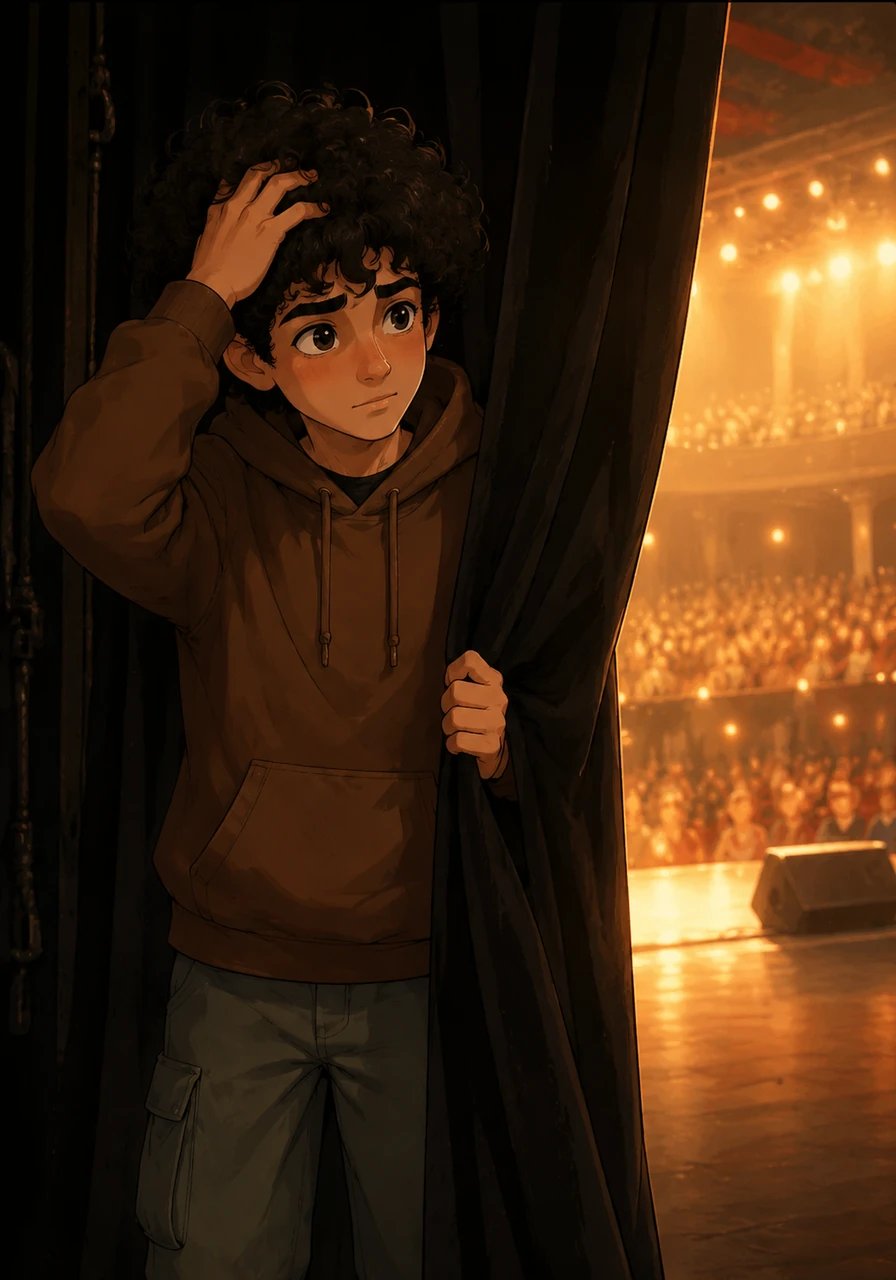 Peeking from behind the heavy velvet curtain, Leo looks out at the packed auditorium illuminated by glowing stage lights. Feeling his heart race, he runs a hand through his voluminous curls and takes a slow, steadying breath.