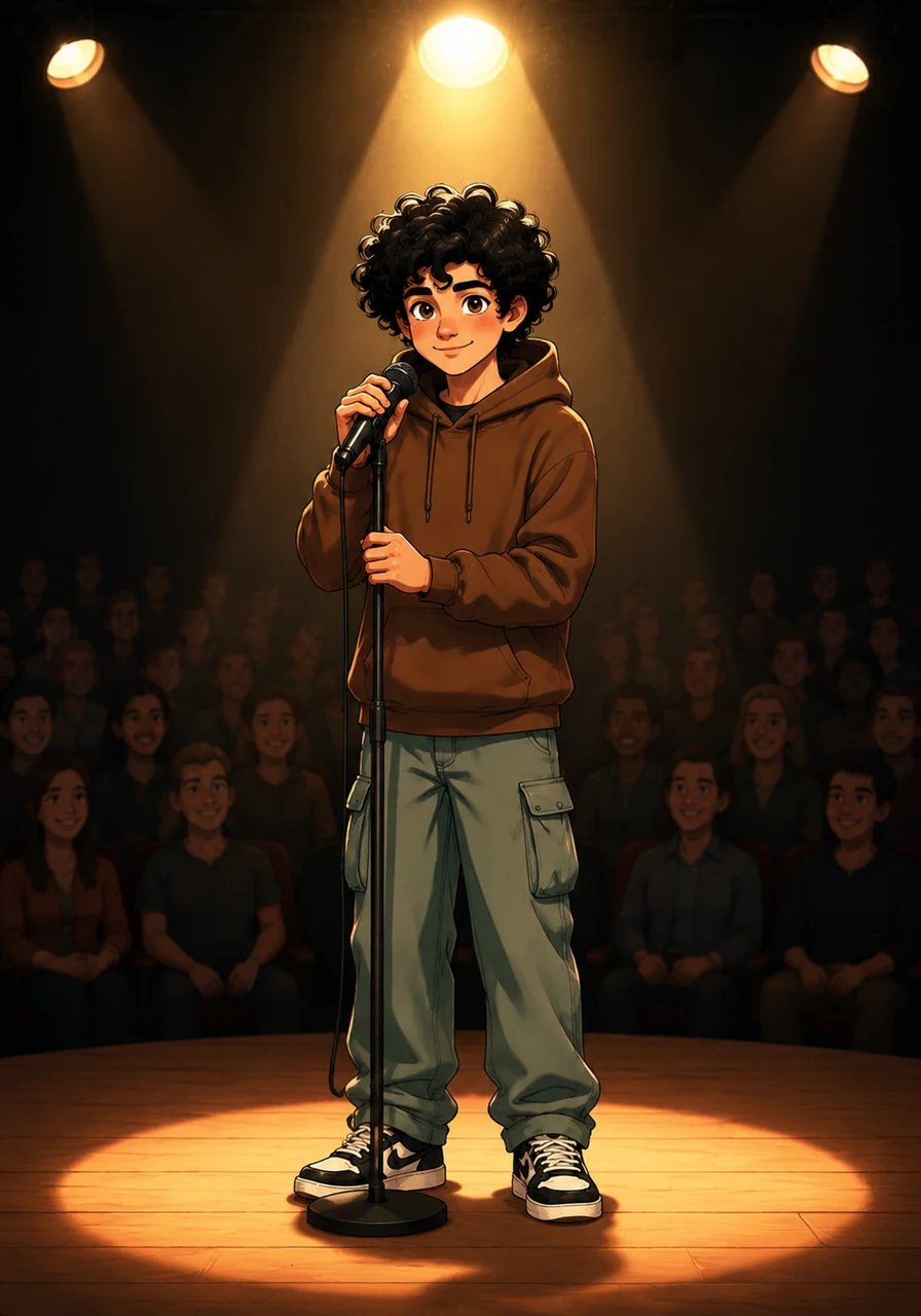 His name echoes across the sound system, and Leo steps into the warm spotlight at center stage. The bright lights catch the soft texture of his brown hoodie as he adjusts his microphone before the quiet audience.