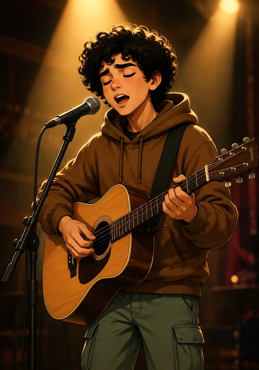 As his fingers strike the opening chord, the stage anxiety fades into a wave of quiet focus. His rich, soulful voice fills the hall, carrying the raw emotion of the song he wrote in his quiet room.
