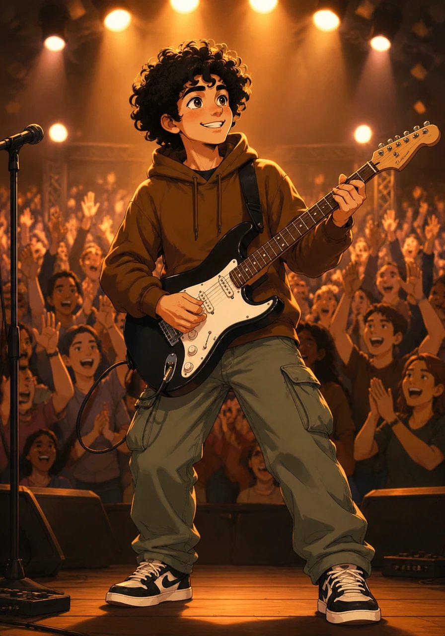 Reaching the soaring chorus, Leo plays with complete freedom, his dark curls swaying with every passionate beat. The entire crowd rises to their feet in a thunderous wave of applause and cheers.