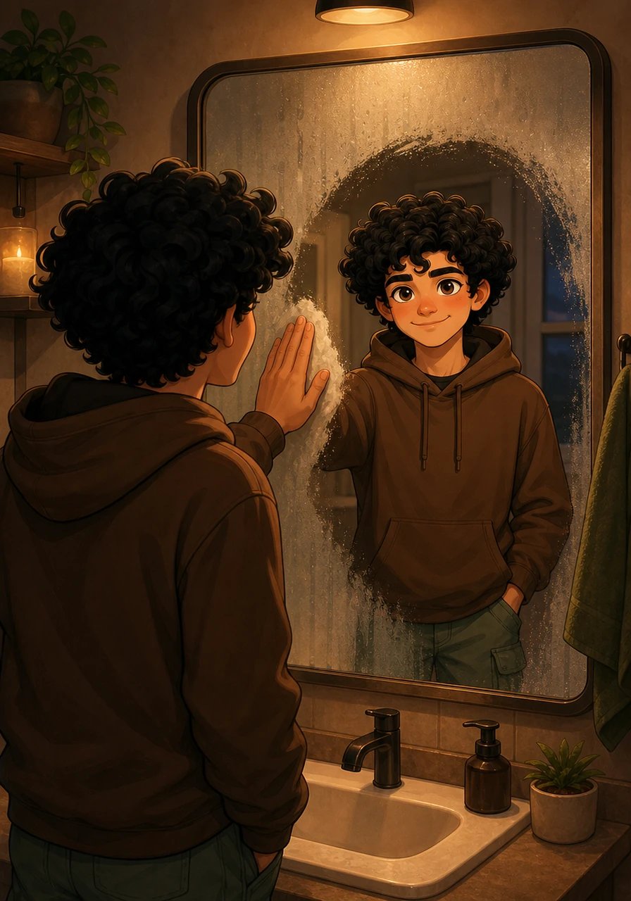 Back home that evening, Leo wipes a fresh patch of steam from the bathroom mirror with a joyful, confident smile. Looking at his reflection in his cozy brown hoodie, he finally sees an artist who was brave enough to let his true light shine.