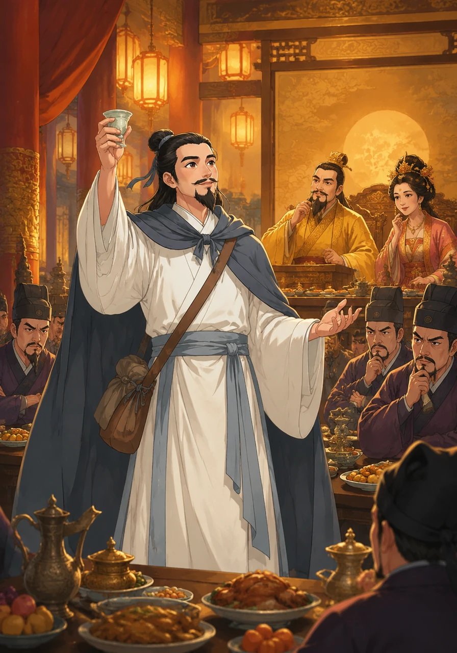 在繁华的长安城，李白，这位被誉为诗仙的天才，曾经在皇宫中接受皇帝的盛宴和贵妃的赞赏。他举杯吟诗，才情四溢，但也因性格狂傲而得罪了权贵。