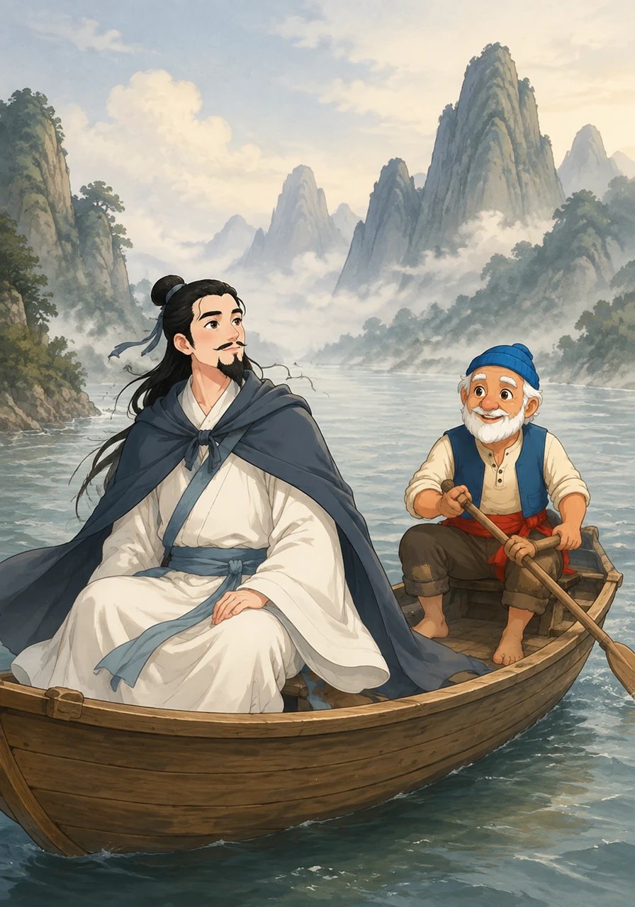 李白坐上了一叶小舟，沿着滚滚长江而下。江风吹拂着他的衣袖，也吹散了他心中的无奈和感伤，他的目光投向远方的山水。
