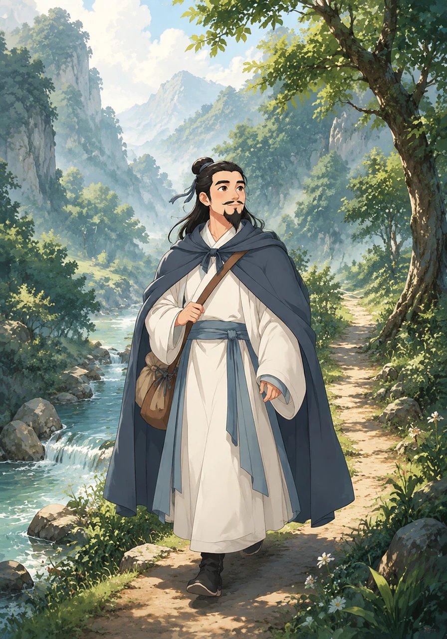 远离尘嚣，李白独自行走在蜿蜒的山间，两旁是葱郁的树木和清澈的溪流。在这一片静谧中，他找到了内心的平和，也从自然中汲取灵感。