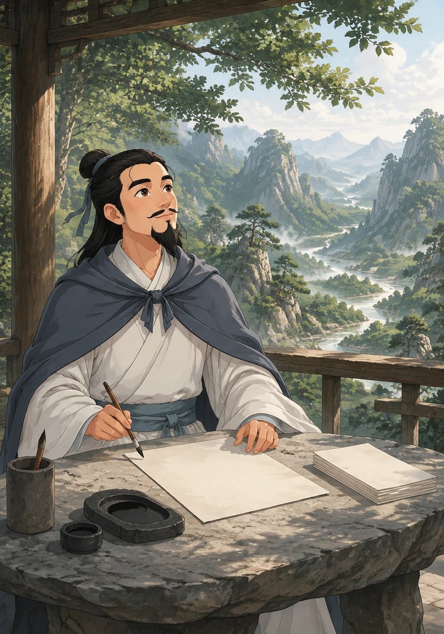 李白在山林中发现了一个简朴的亭子，他在石桌前坐下，取出笔墨纸砚，将对江山的赞美和对生活的感悟化作流芳百世的诗句。
