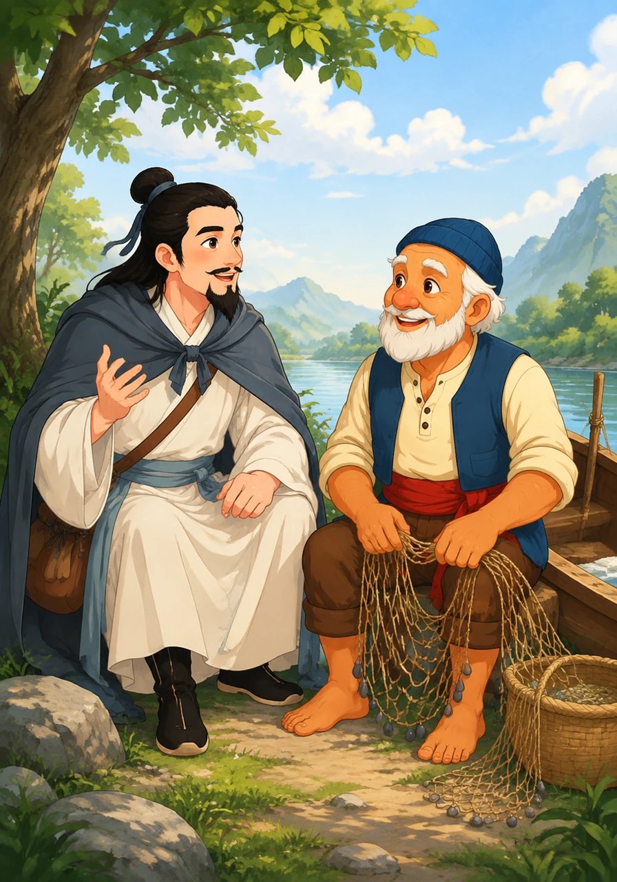 李白停下脚步，与老渔夫继续亲切交谈，分享他的故事和诗作，两人都露出了真挚的笑容。
