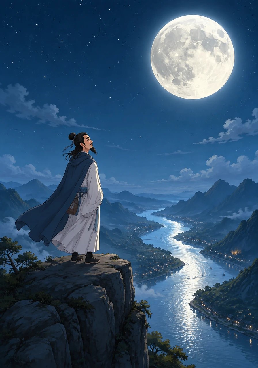 夜晚，李白独自站在高山上，仰望天空中那轮巨大的明月。月光洒在江面上，波光粼粼，他的思绪也随之飞回了远方的家乡。