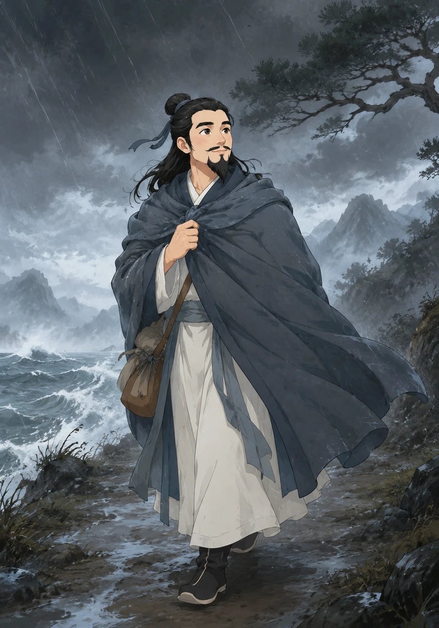 流放的旅程并未因困难而止步。李白穿上厚重的斗篷，在风雨中继续前行，他的身影显得孤独却又坚定，他的心永远向着远方。