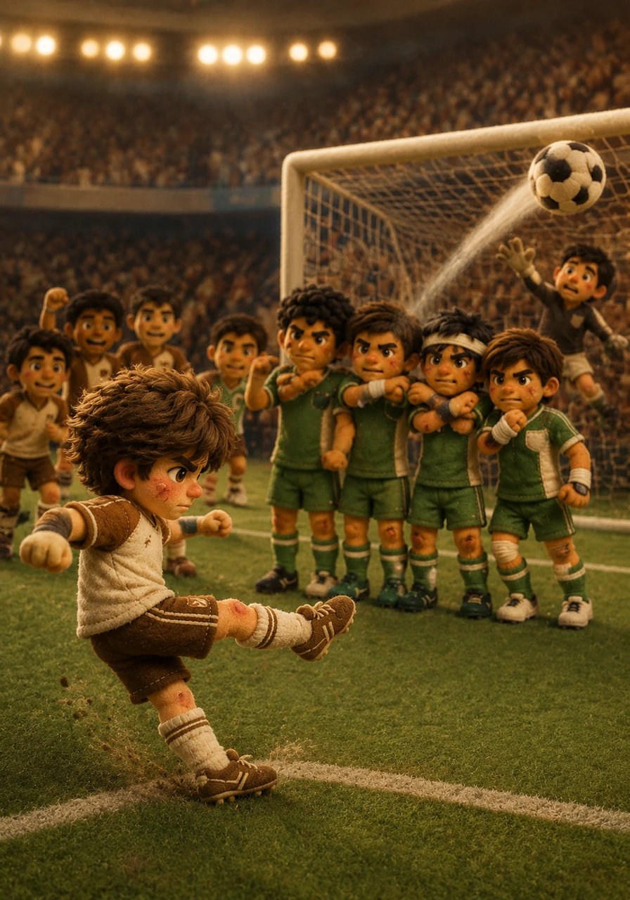 With time running out in a critical match, Mateo stood breathless over the ball, eyeing the wall of defenders for a crucial free kick. He struck it with perfect precision, sending the ball curling beautifully into the top corner of the net.