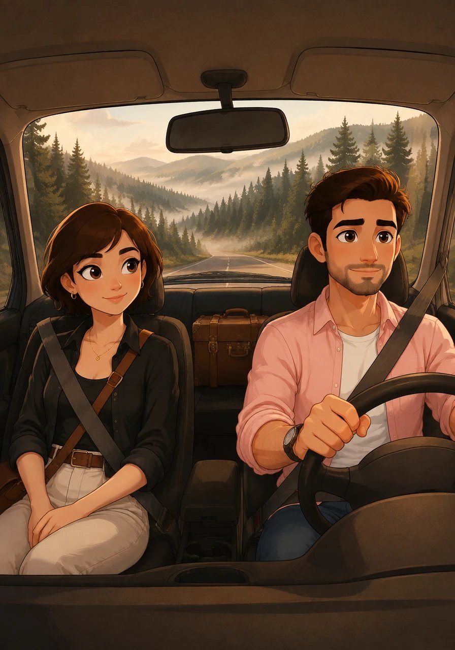 Motivated by a deep desire to heal long-standing family rifts, Julian and Maya pack a single vintage suitcase and begin their road trip into the countryside. As sprawling suburban landscapes give way to mist-covered pine forests and rolling hills, tension transforms into quiet anticipation. The hum of the car engine seems to echo the passage of time back toward a forgotten world.