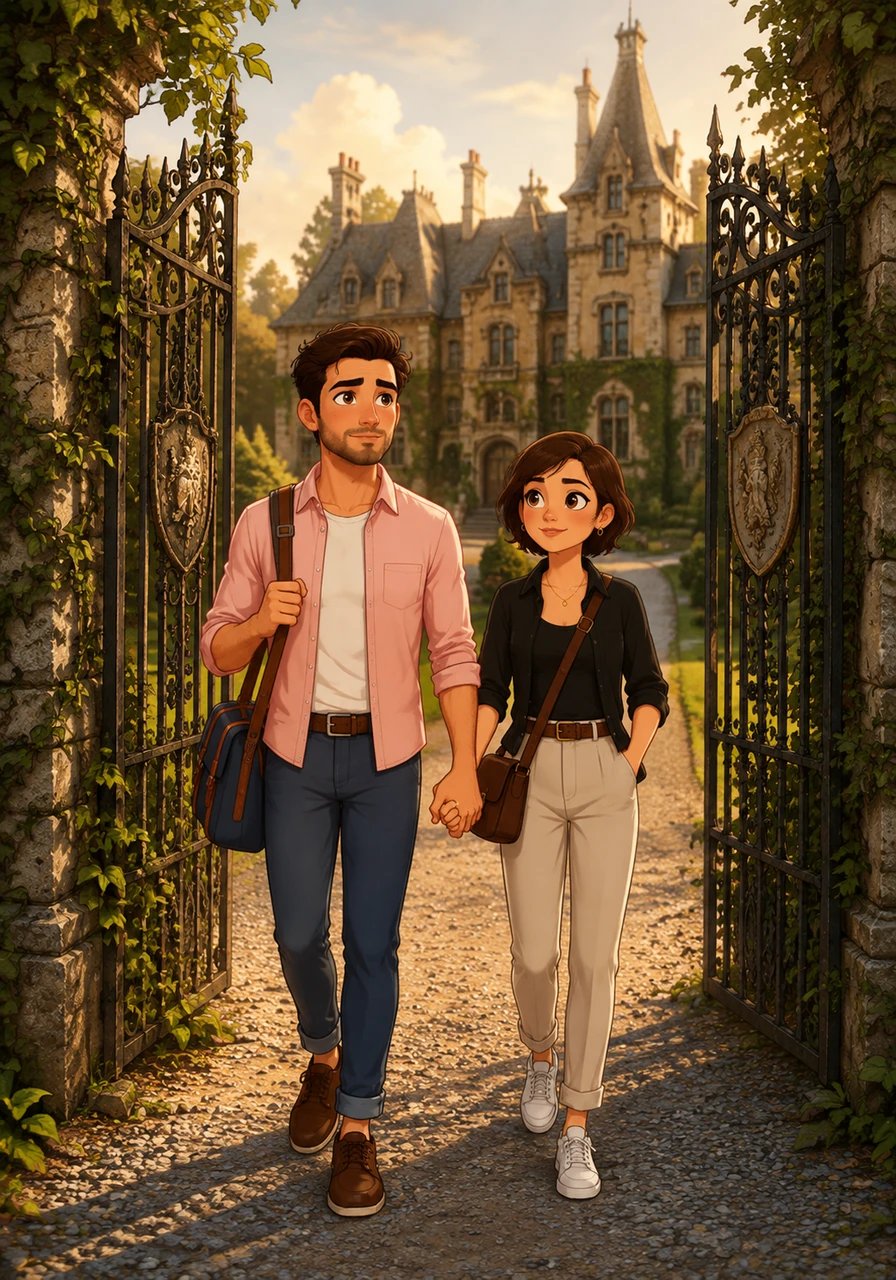 They arrive at a pair of towering wrought-iron gates adorned with weathered family crests and draped in wild ivy. Beyond the gates stands a magnificent stone manor, its high turrets and arched windows catching the soft afternoon light. Julian takes a deep breath, clutching Maya’s hand as they step onto the gravel driveway leading up to the historic hall.