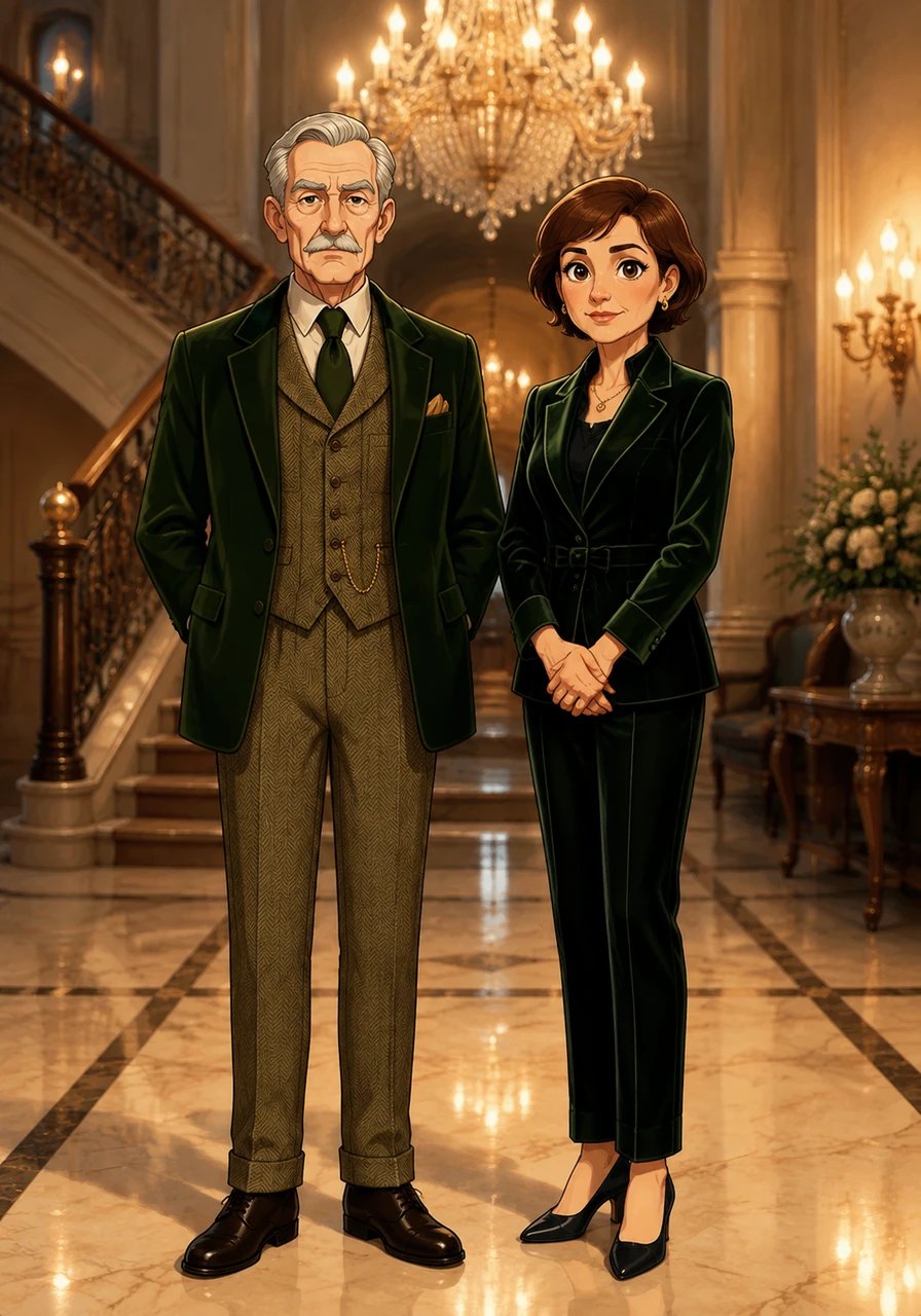 Inside the grand, marble-floored foyer, glowing under giant crystal chandeliers, two figures await in classic tailored tweed and velvet. Lord Arthur and Lady Eleanor stand tall yet guarded, their eyes reflecting a mixture of aristocratic poise and long-buried emotional vulnerability. For a brief moment, the air hangs quiet with decades of silence and unspoken family history.