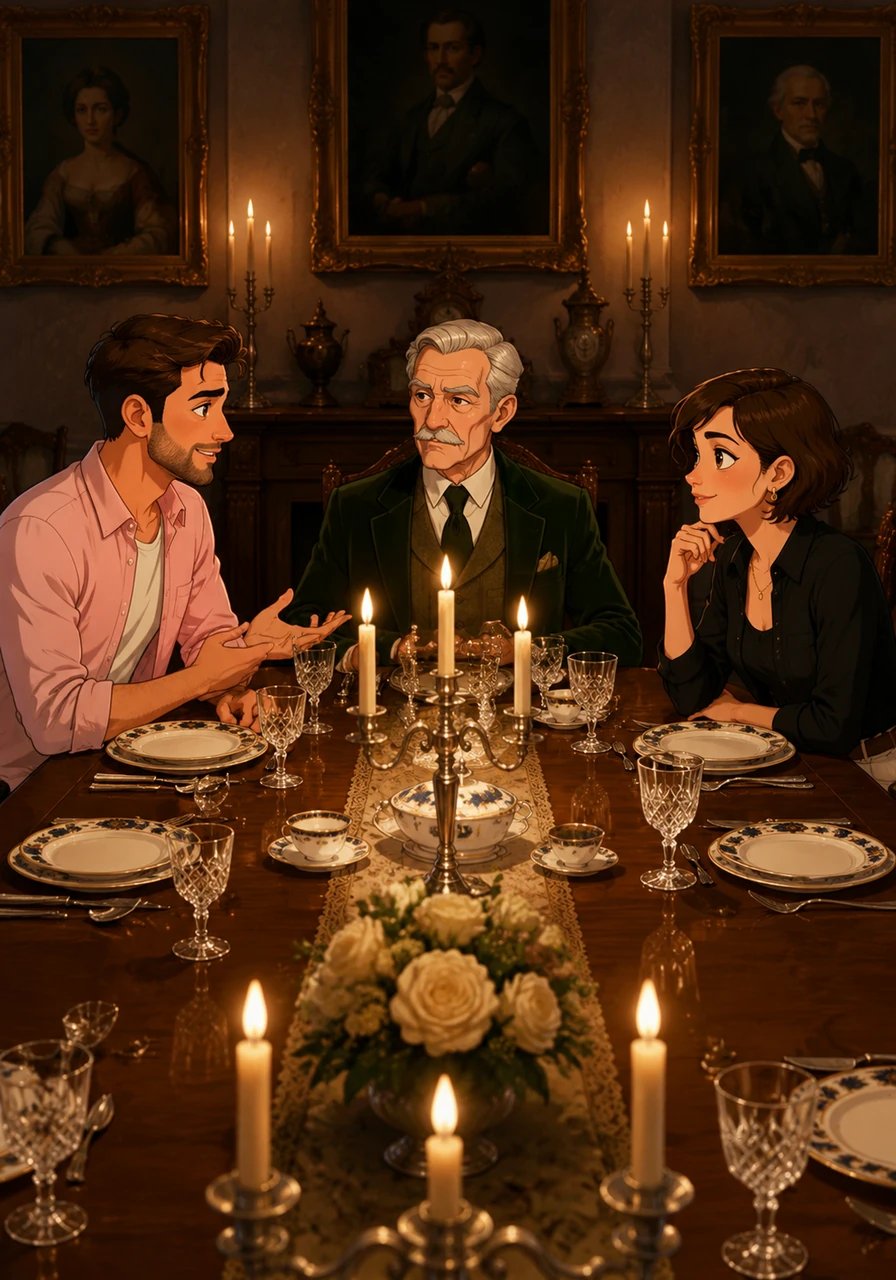 Evening falls as the four sit at an elongated mahogany dining table beneath oil portraits of forgotten ancestors. Silver candelabras cast flickering light over fine porcelain and crystal stemware as a quiet stiffness lingers in the room. Careful, formal dialogue slowly unfolds as Julian and Maya gently share stories of their modern life in the city.