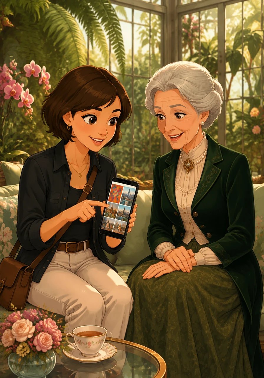 The next morning, light streams through the glass panes of a lush conservatory filled with towering ferns and exotic blooms. Maya pulls out her glowing smartphone to share photographs of their contemporary artwork and urban adventures with Lady Eleanor. A genuine, warm smile breaks across the old noblewoman's face as the digital world seamlessly bridges the generational gap.