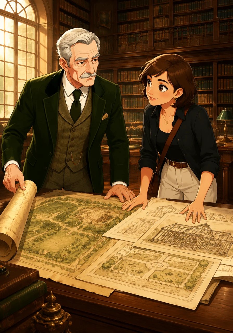 In the sprawling, wood-paneled library surrounded by thousands of leather-bound books, Lord Arthur unveils a dusty map of the estate's historic grounds. Julian lays out his own architectural sketches beside the ancestral map, suggesting creative ways to restore the declining conservatory. The shared passion for design and preservation sparks a new spark of respect in the old lord's eyes.