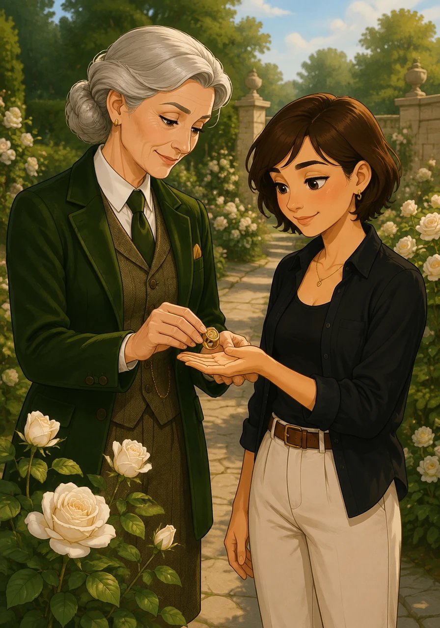 Walking along the manicured stone pathways of the estate’s vast rose garden, Lady Eleanor pauses beside a blooming white bush. With gentle eyes and softened hands, she slips a family heirloom signet ring into Maya’s palm as an offering of acceptance and warmth. The quiet gesture melts away remaining walls, sealing a newly restored bond of trust.
