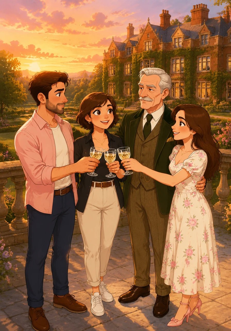 As golden hour paints the sky in shades of amber and rose, the four family members gather together on the stone terrace overlooking the lawn. Laughter echoes across the gardens for the first time in decades as they toast with crystal glasses to new beginnings. The historic house, once cold and austere, now feels vibrant with life and warmth.