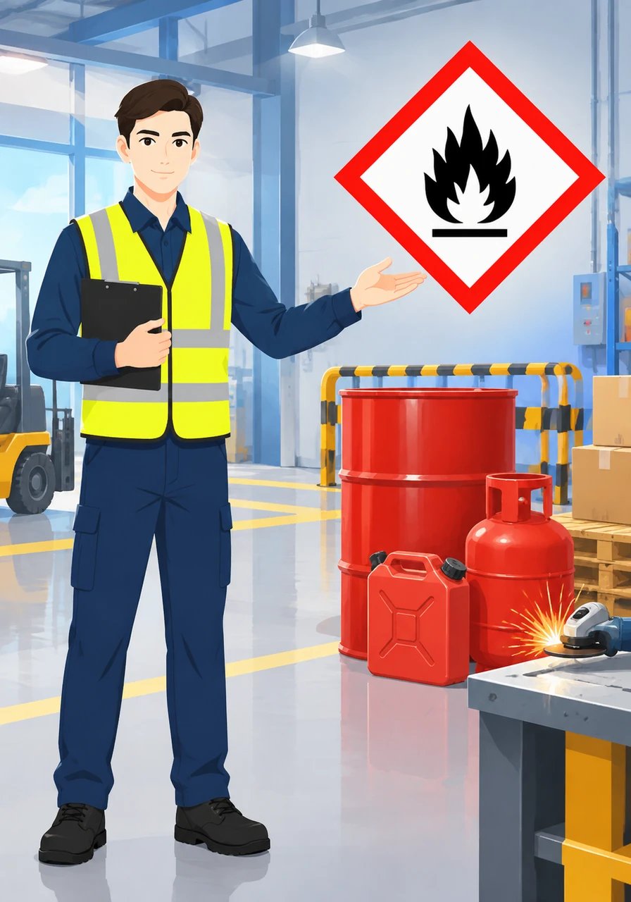 Welcome to the world of workplace safety! Sam the Safety Guide introduces the famous WHMIS red diamond pictograms that protect workers everywhere. First up is the Flame symbol, which alerts everyone to flammable liquids, gases, or solids that can easily ignite when exposed to heat or sparks.