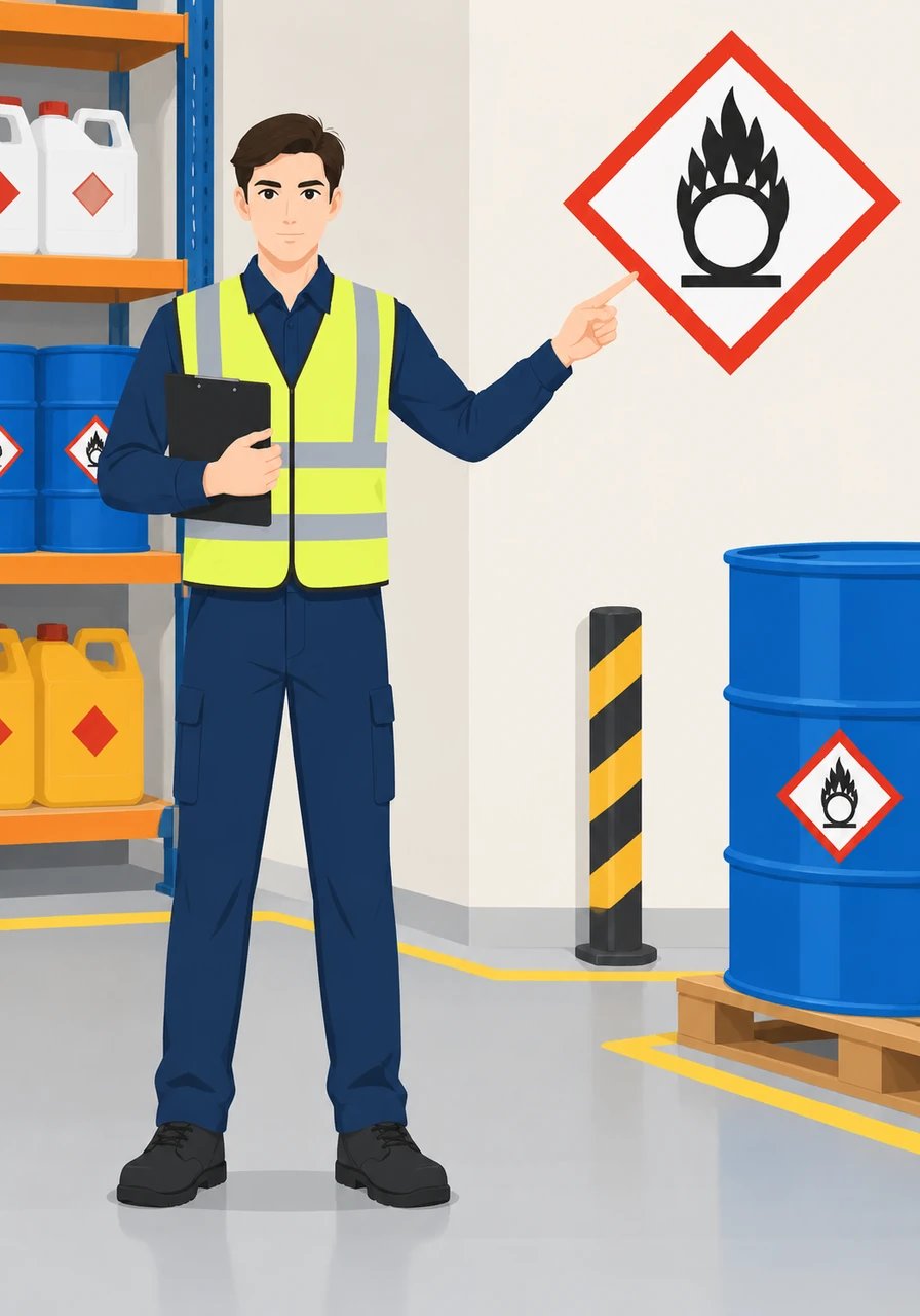 Moving right along, Sam points to the Flame Over Circle pictogram. This symbol identifies oxidizing materials, which do not burn by themselves but release oxygen that can feed fires and make them burn much more intensely.