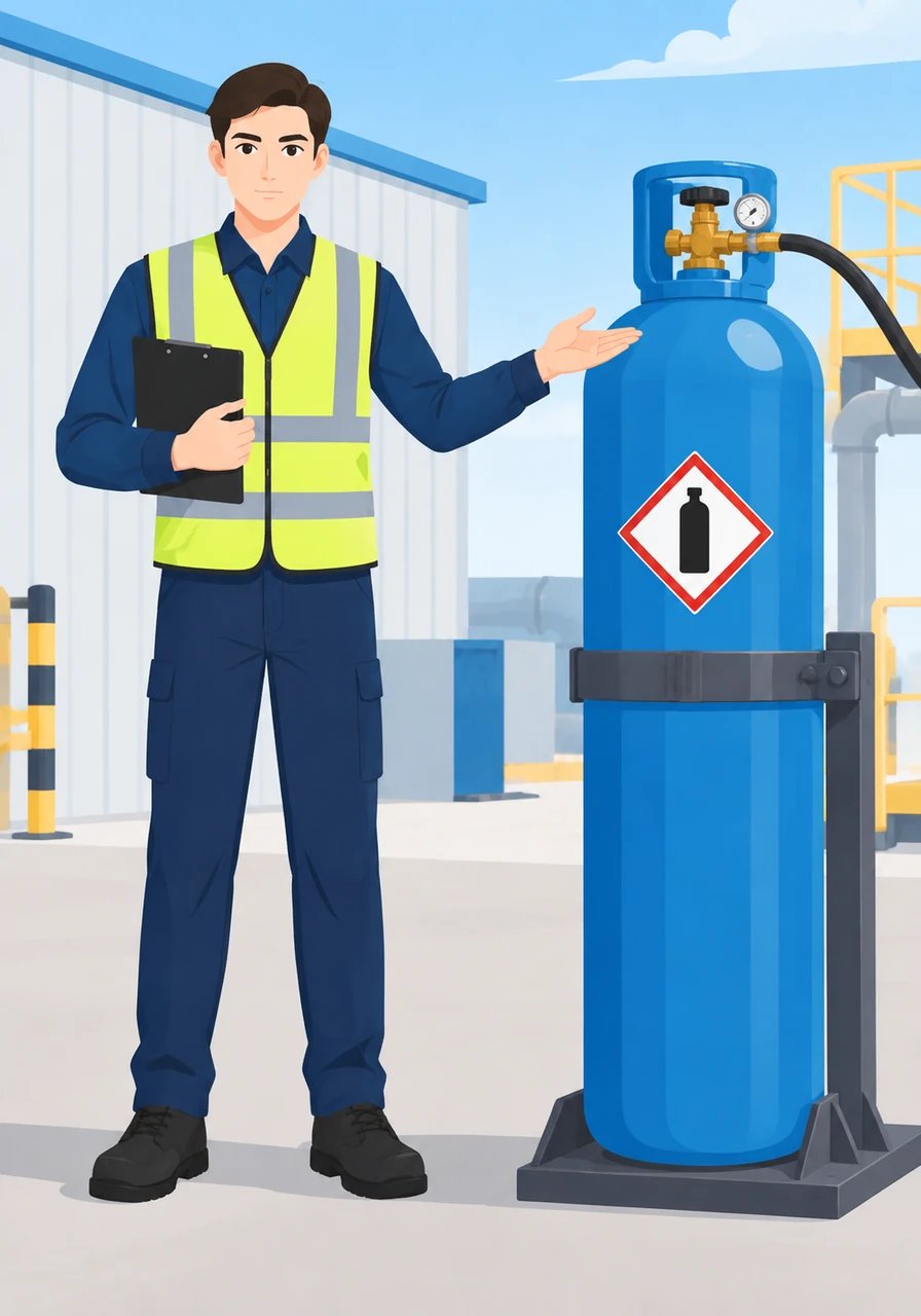 Sam stands beside a high-pressure tank to introduce the Gas Cylinder pictogram. This warning symbol highlights gases kept under high pressure, which can become dangerous projectiles or burst open if dropped or heated.