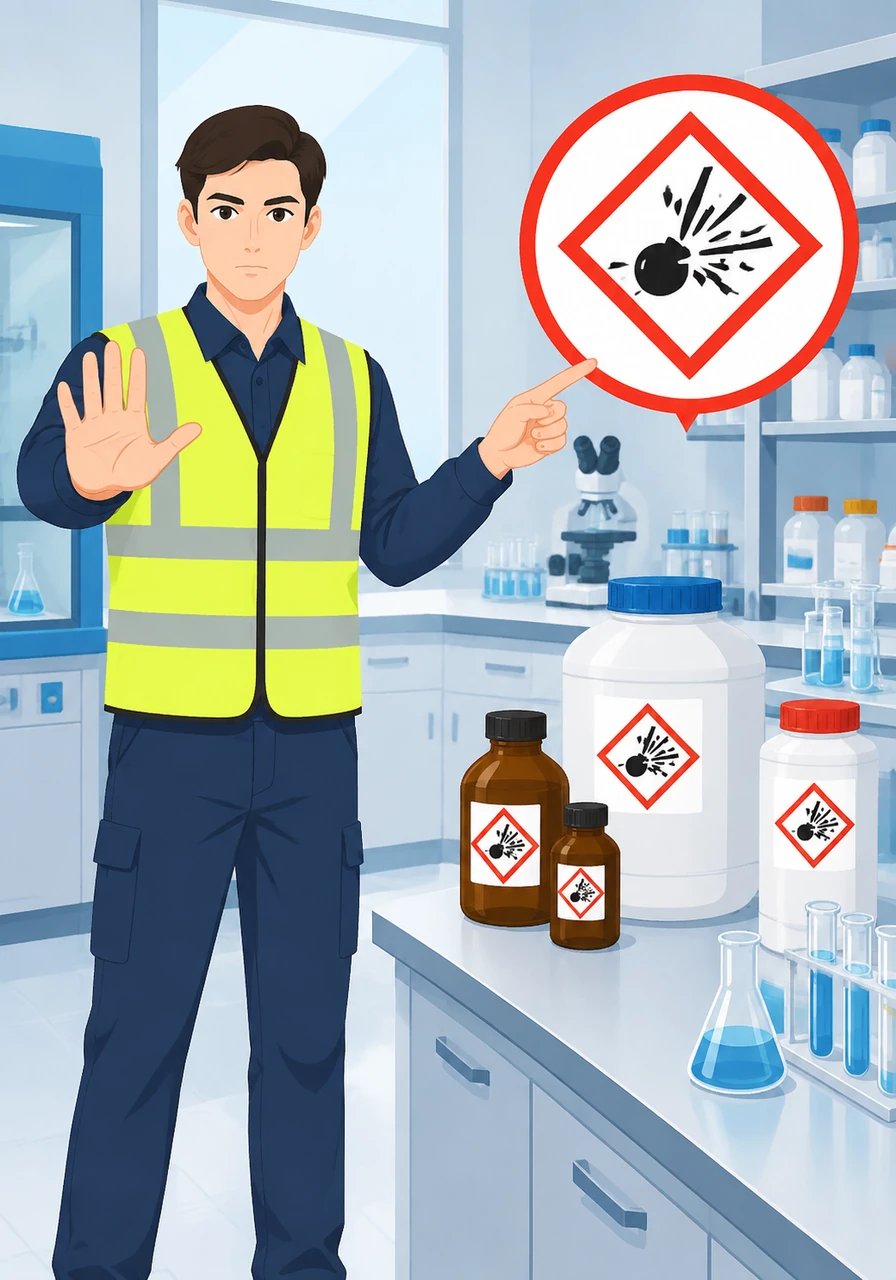 Danger lurks in unstable chemicals, as shown by the Exploding Bomb pictogram. Sam cautions that materials marked with this symbol are explosive or highly reactive, capable of severe chemical reactions without warning.