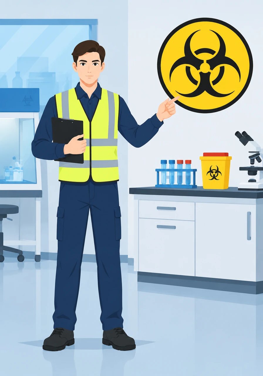 Next, Sam highlights the distinctive three-circle emblem known as the Biohazardous Infectious Materials symbol. Found in labs and medical settings, this logo warns of biological organisms or toxins that can cause serious infections or illnesses.