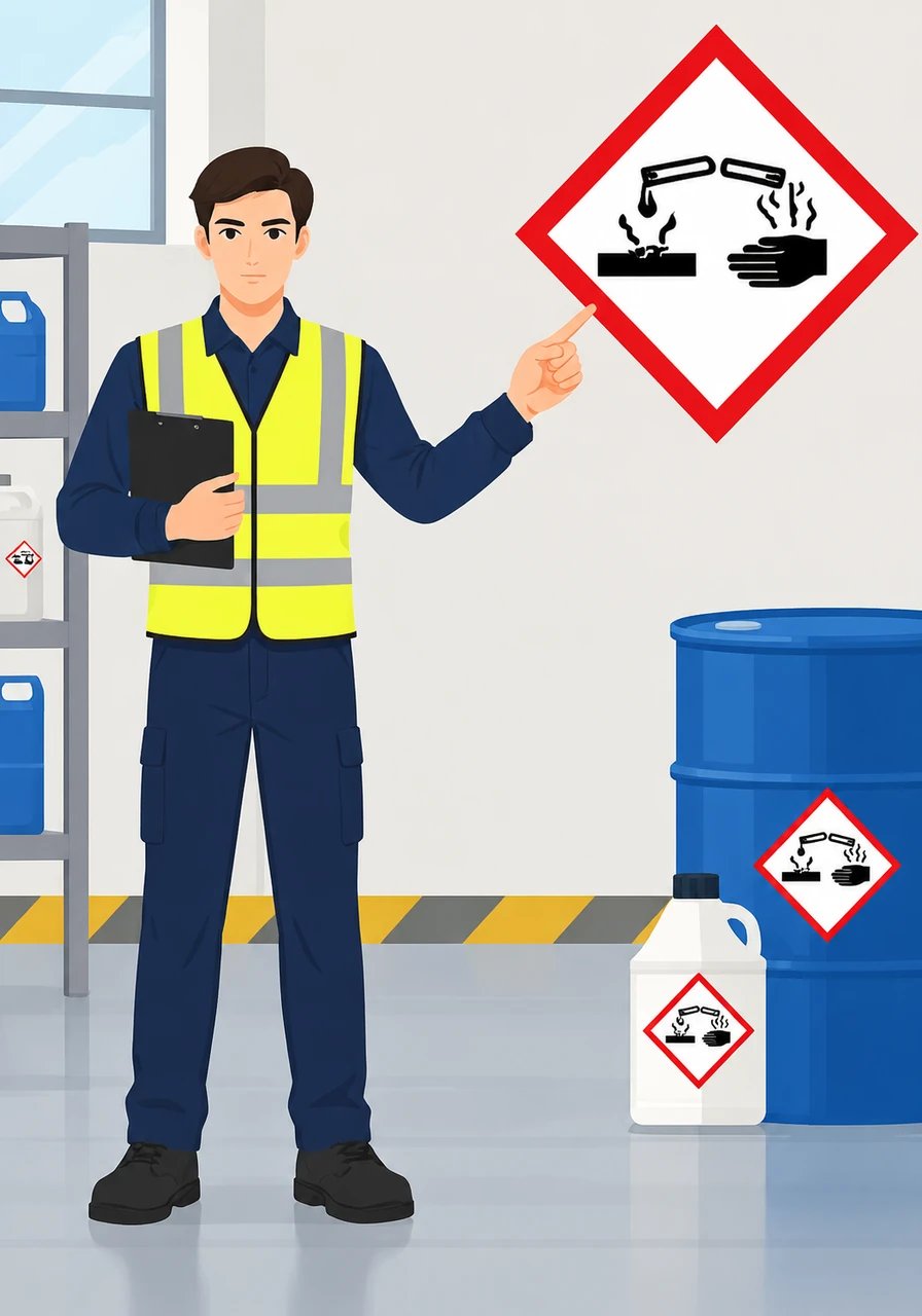 Chemical burns require extreme care, which Sam demonstrates with the Corrosion pictogram. This symbol visually depicts liquids eating away at metal surface plates and human skin, signaling severe skin burns and eye damage hazards.